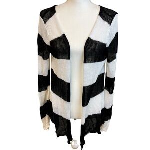 360 SWEATER Black White‎ Linen Cardigan Sz S Bold Open Front Layering Chevron